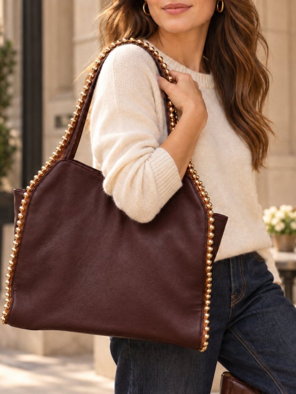 Big Buddha Burgundy Studded Slouchy Tote Faux Leather Shoulder Bag